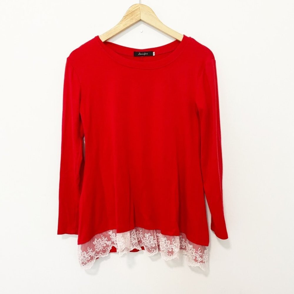 Sanifer Red & White Lace Long Sleeve Size Small